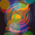 Jerinhaus logo (an orange flame and crescent moon in front of a green circle) with an animated overlay of blurry multi-colored lights